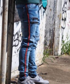 Black Denim with Red Stripes
